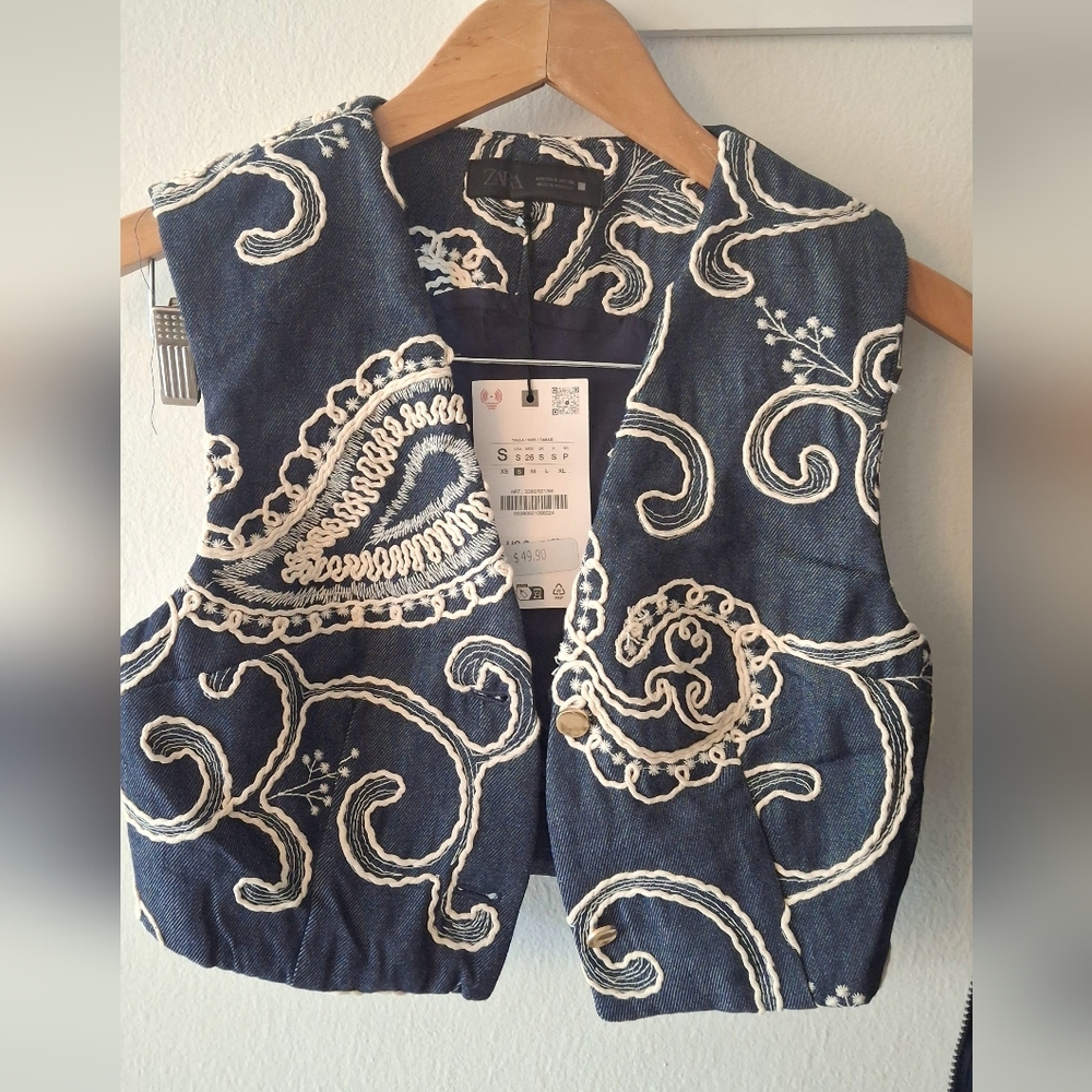 Zara Navy Denim Vest with Cream Embroidery